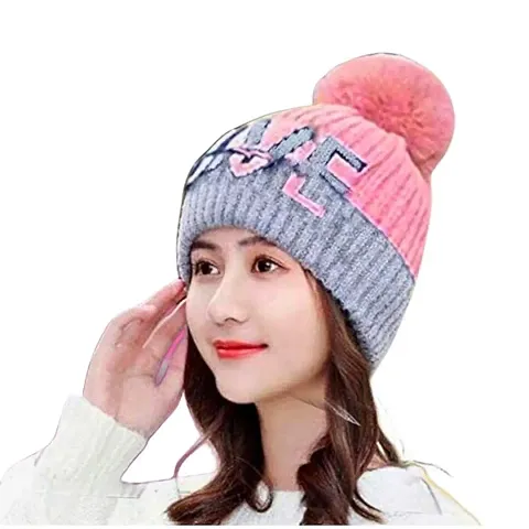 Winter Cap Soft Warm Knitted Beanie Cap (Fur Inside and Soft Pompom on The top)