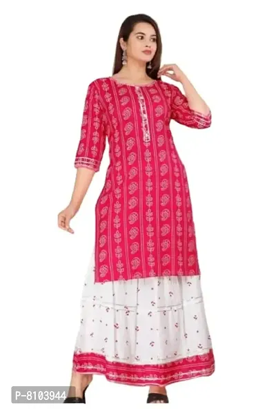 Women's Rayon Straight Bandhej Printed Kurti with Sharara Set (Pink)-thumb0