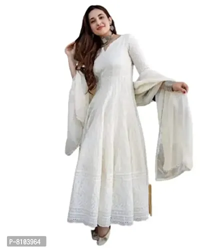 Women's Anarkali Cotton Blend Kurta Set with Dupatta (White_2XL)