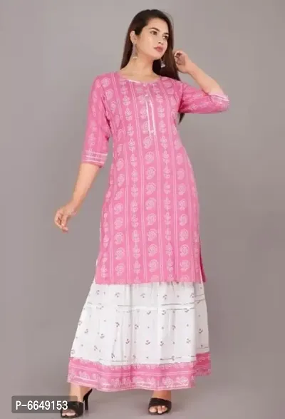Jaipuri Printed Kurta With Gota work Skirt-Pink-thumb0