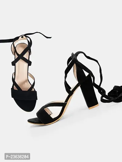 Stylish Black Velvet Solid Heels For Women