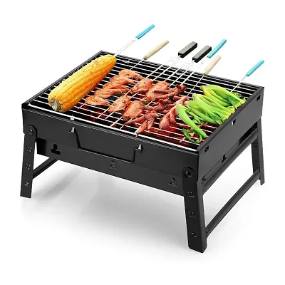 Foldeable Charcoal BBQ Grill Set, Stainless Steel Portable Folding Charcoal Barbecue Grill, Barbecue for Outdoor Picnic Patio Backyard Camping Cooking ( Bbq , Bbq Air Blower ,Oil brush ,bbq stick)
