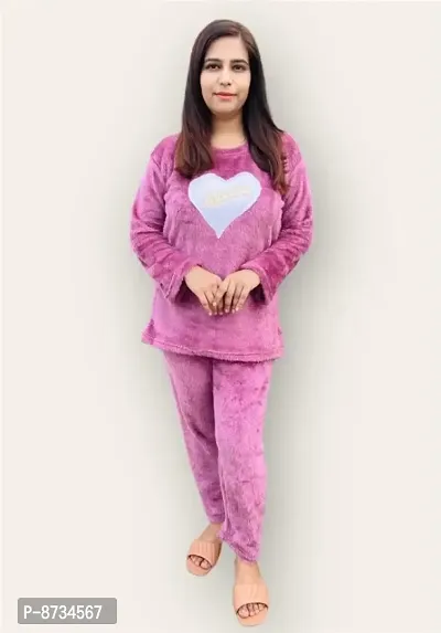 Women Winter Furr Warm Top and Bottom Set Night Suit (Pink with White Heart Logo)-thumb0