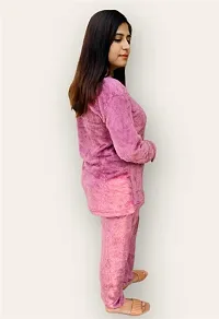 Women Winter Furr Warm Top and Bottom Set Night Suit (Pink with White Heart Logo)-thumb2