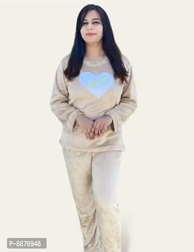 Women Winter Furr Warm Top and Bottom Set Night Suit (GOLDEN WITH WHITE HEART LOGO)