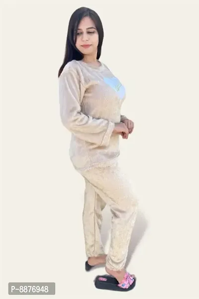 Women Winter Furr Warm Top and Bottom Set Night Suit (GOLDEN WITH WHITE HEART LOGO)-thumb4