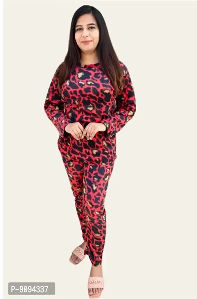 Women Woolen Furr Red Leopard Print Night Suit Set