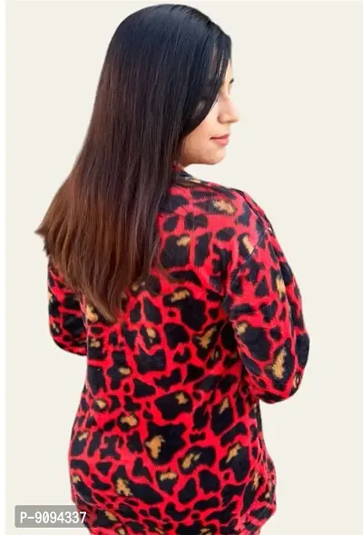 Women Woolen Furr Red Leopard Print Night Suit Set-thumb2