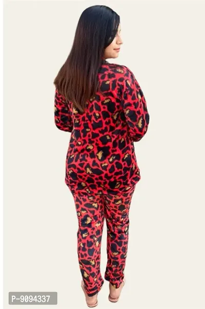 Women Woolen Furr Red Leopard Print Night Suit Set-thumb3