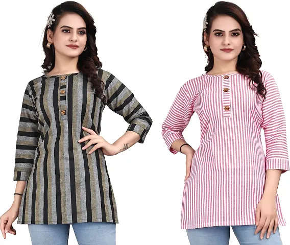 Elegant Linen Striped Short Kurta For Women- Pack Of 2