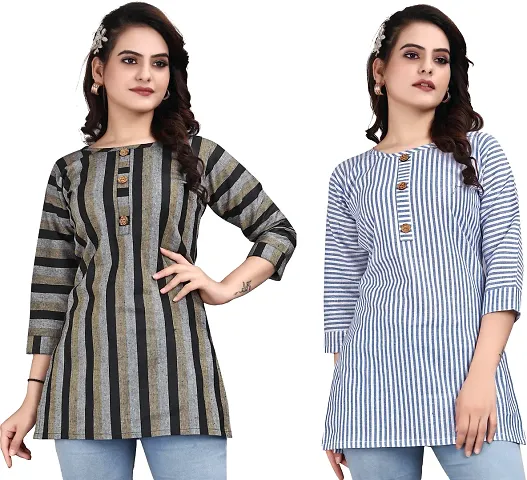 Elegant Linen Striped Short Kurta For Women- Pack Of 2