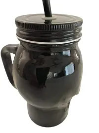 Skull Shape Glass Mason Jar 450 Ml Set Of 1 With Lid And Straw, Coco, Mason Jar With Lid And Re-Usable Mug For Juice, Mocktail, Shakes, Drinks With Handle -Black-thumb2