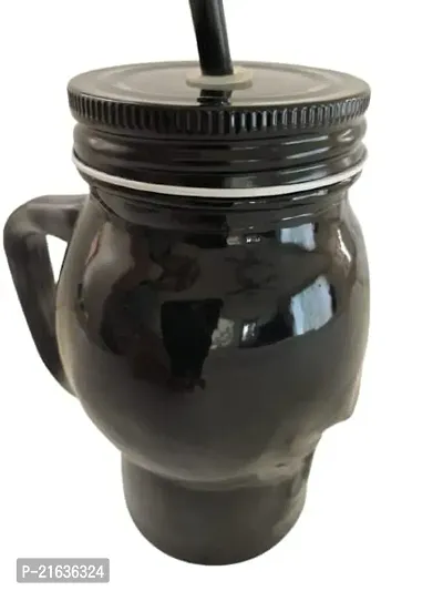 Skull Shape Glass Mason Jar 450 Ml Set Of 1 With Lid And Straw, Coco, Mason Jar With Lid And Re-Usable Mug For Juice, Mocktail, Shakes, Drinks With Handle -Black-thumb3