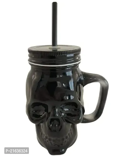 Skull Shape Glass Mason Jar 450 Ml Set Of 1 With Lid And Straw, Coco, Mason Jar With Lid And Re-Usable Mug For Juice, Mocktail, Shakes, Drinks With Handle -Black-thumb0