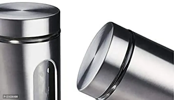 Set Of 2 Pieces Stainless Steel Plated Glass Jar Canister For Home And Kitchen Airtight Food Storage Organizer Visible Window Capacity 800 Ml