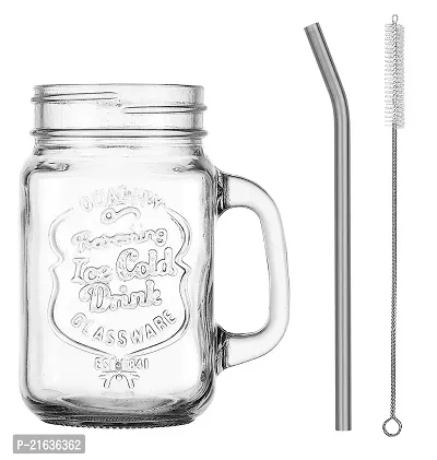 Minimal Mason Jar With Handle And Bent Glass Straw And Cleaning Brush | Stylish Embossing Design | 450 Ml Black Smoke