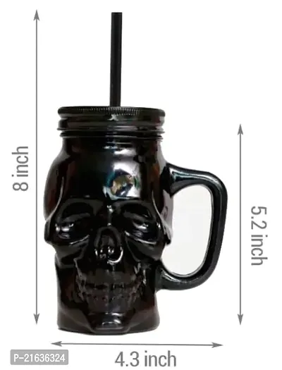 Skull Shape Glass Mason Jar 450 Ml Set Of 1 With Lid And Straw, Coco, Mason Jar With Lid And Re-Usable Mug For Juice, Mocktail, Shakes, Drinks With Handle -Black-thumb4