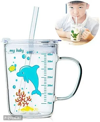 nbsp;Big Transparent Glass Mug/Cup For Girls And Boys -Kids With Straw, Glass Cup/Mug For Kids With A Random Design Cartoon Print Of Dolphin And Other Cartoons, Comes With A Single Set Of 470Ml-thumb0