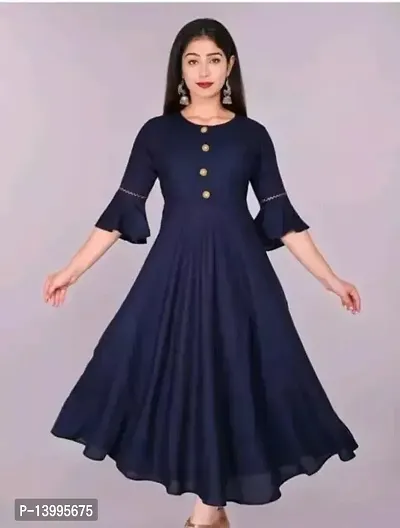 Elegant Navy Blue Solid Rayon Kurta For Women-thumb0