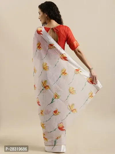 Shavya Floral Print Bollywood Linen Saree (White)-thumb2