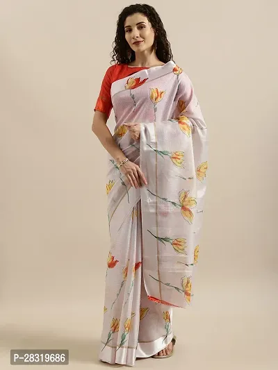 Shavya Floral Print Bollywood Linen Saree (White)-thumb0