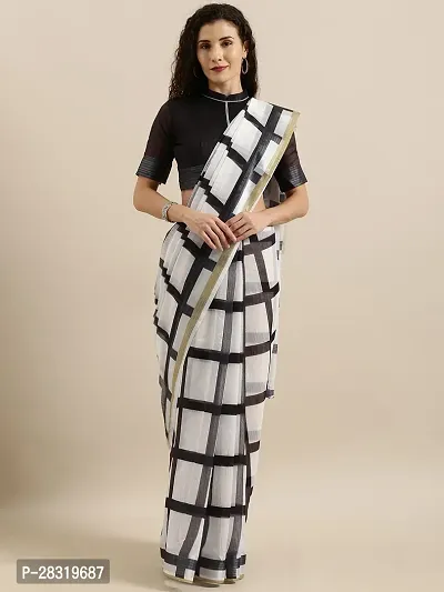 Shavya Checkered Bollywood Linen Saree (White)
