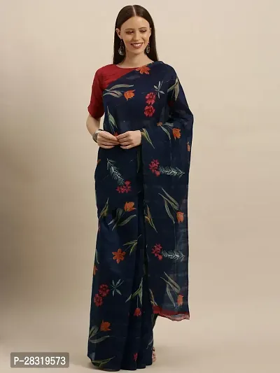 Shavya Floral Print Bollywood Linen Saree (Blue)