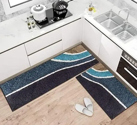 HOMLEX | 2 Kitchen Mat, Floor Mat, Set Large Size 42cm?120cm, 40cm?60cm, Cotton ( Wave, Multicolour) Stylish Design Mat