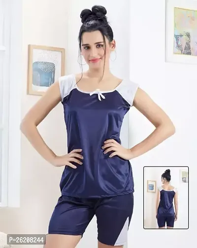 Stylish Satin Navy Blue Night Suits For Women