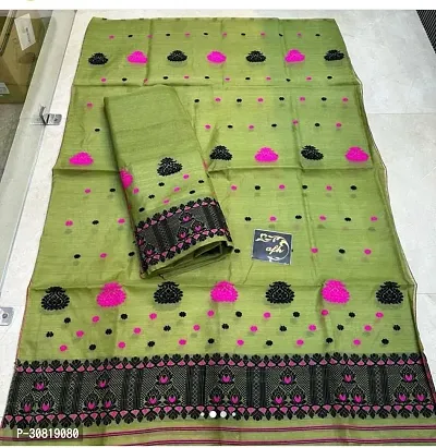 Elegant Green Cotton Saree with Blouse piece For Women-thumb0