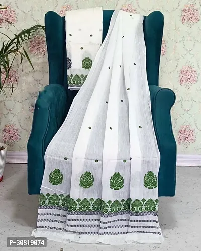 Elegant White Cotton Saree with Blouse piece For Women-thumb0