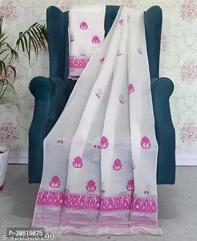 Elegant White Cotton Saree with Blouse piece For Women-thumb0