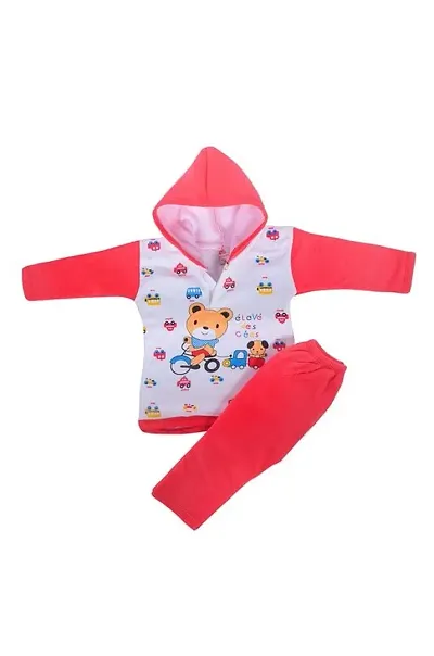 Stylish Long Sleeves Hooded Top with Bottom Set For Infants