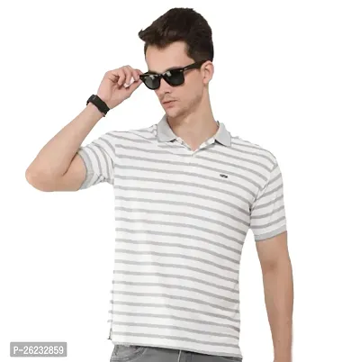 Stylish Cotton Blend Grey Striped Polos For Men-thumb0