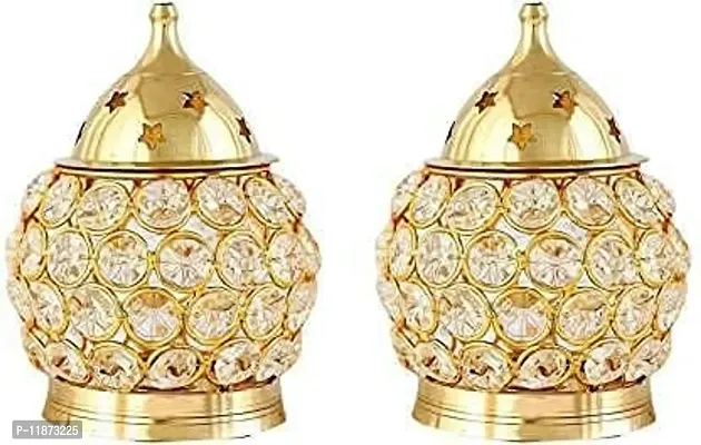 Set of 2 Brass Akhand Diya, Diamond Crystal Deepak/Dia, Akhand Jyot, Decorative Crystal Oil Lamp,Tea Light Holder Lantern, Brass Table Diya for Pooja Temple, Bedroom Decoration, Lighting-thumb0