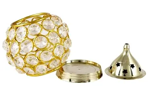 Set of 2 Brass Akhand Diya, Diamond Crystal Deepak/Dia, Akhand Jyot, Decorative Crystal Oil Lamp,Tea Light Holder Lantern, Brass Table Diya for Pooja Temple, Bedroom Decoration, Lighting-thumb3