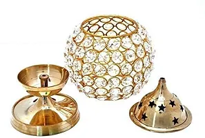 Set of 2 Brass Akhand Diya, Diamond Crystal Deepak/Dia, Akhand Jyot, Decorative Crystal Oil Lamp,Tea Light Holder Lantern, Brass Table Diya for Pooja Temple, Bedroom Decoration, Lighting-thumb1