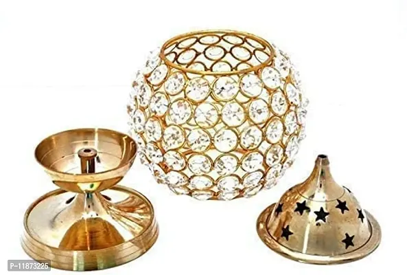 Set of 2 Brass Akhand Diya, Diamond Crystal Deepak/Dia, Akhand Jyot, Decorative Crystal Oil Lamp,Tea Light Holder Lantern, Brass Table Diya for Pooja Temple, Bedroom Decoration, Lighting-thumb2
