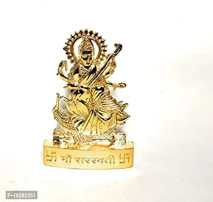 Small maa Saraswati Vidya Devi Idol Metal Gold Plated Saraswati MATA Statues for Car Dashboard Mandir Pooja Murti Temple Puja Home Decor Office Showpiece-thumb0