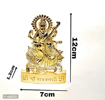 Small maa Saraswati Vidya Devi Idol Metal Gold Plated Saraswati MATA Statues for Car Dashboard Mandir Pooja Murti Temple Puja Home Decor Office Showpiece-thumb3