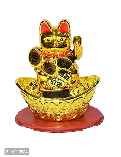Solar Feng Shui Big Size Lucky Cat 18cm | Golden Color | Welcome Cat | Waving Hand | Home Decor | for Health, Wealth  Prosperity-thumb0