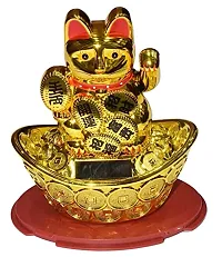 Solar Feng Shui Big Size Lucky Cat 18cm | Golden Color | Welcome Cat | Waving Hand | Home Decor | for Health, Wealth  Prosperity-thumb1