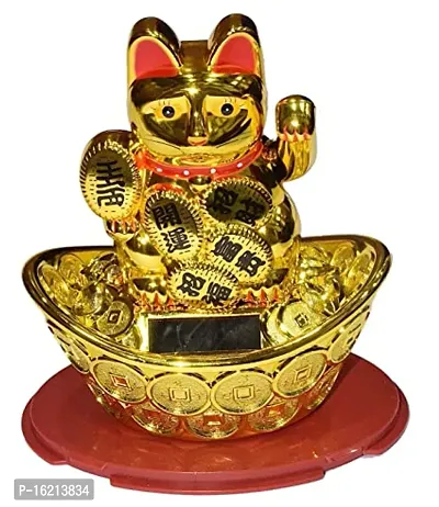 Solar Feng Shui Big Size Lucky Cat 18cm | Golden Color | Welcome Cat | Waving Hand | Home Decor | for Health, Wealth  Prosperity-thumb2