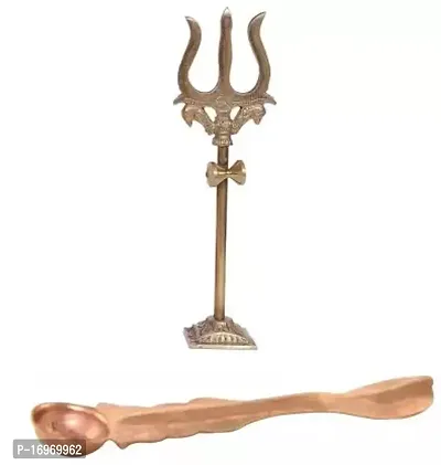 Combo Of Copper Panch Patra Spoon for Poojan Purpose at Home With Trishul,trident Damru with Stand Brass Statue Brass  (Multicolor)-thumb0