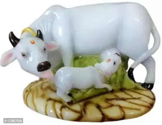 Cow With Calf Decorative Showpiece - 8 cm  (Polyresin, White)