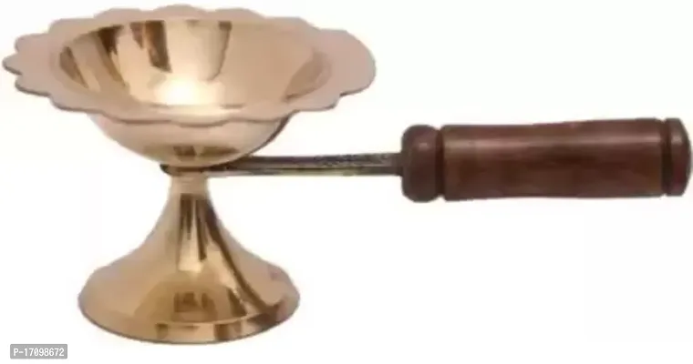 Aarti Lamp/Camphor Dhoop Stand/Kapoor Diya Holder with Wooden Handle Brass Table Diya  (Height: 2.5 inch)-thumb0
