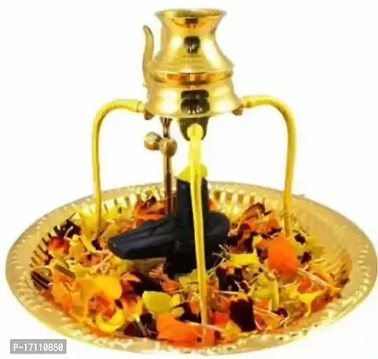 Marble Shaligram Shiva Ling Lingam Statue Brass Plate with Kalash Stand Brass (1 Pieces, Gold, Black) Aluminium  (Gold)