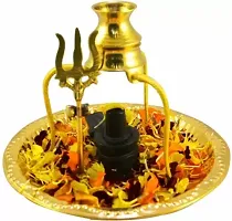 Marble Shaligram Shiva Ling Lingam Statue Brass Plate with Kalash Stand Brass (1 Pieces, Gold, Black) Aluminium  (Gold)-thumb1