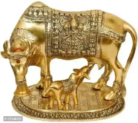 Golden Kamdhenu Cow With Calf Statue,Cow and Calf Idol,Good Luck, Holy Spiritual Showpiece Figurine Sculpture Vastu Decorative Handmade Home Office Showpiece-thumb0