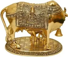 Golden Kamdhenu Cow With Calf Statue,Cow and Calf Idol,Good Luck, Holy Spiritual Showpiece Figurine Sculpture Vastu Decorative Handmade Home Office Showpiece-thumb1